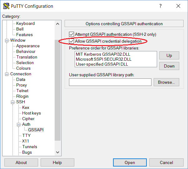 GSSAPI credential delegation in Putty